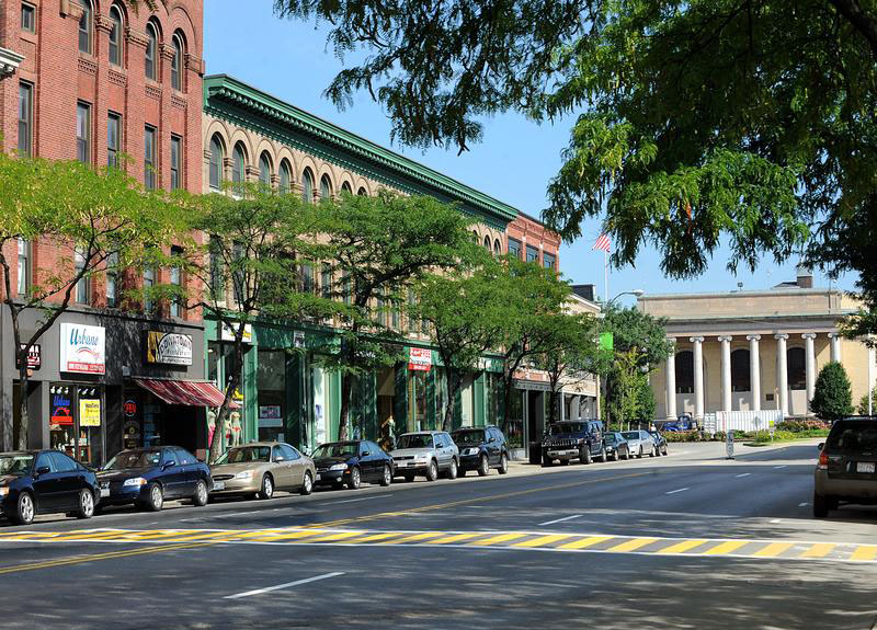 Photo by Allan Jung of Downtown looking northwest on Concord Street with shops and offices