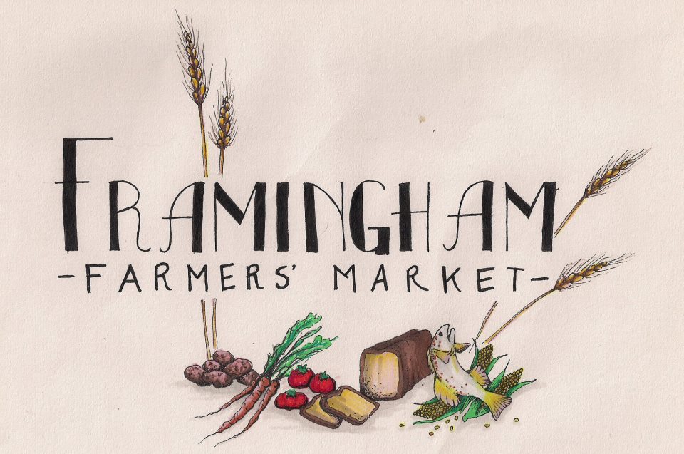 Logo for the Framingham farmers market. white background w/ black text & wheat stalks and vegetables