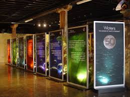 image of ICL graphics in a lobby - colorful 5' banners line the entry of a dark brick lobby