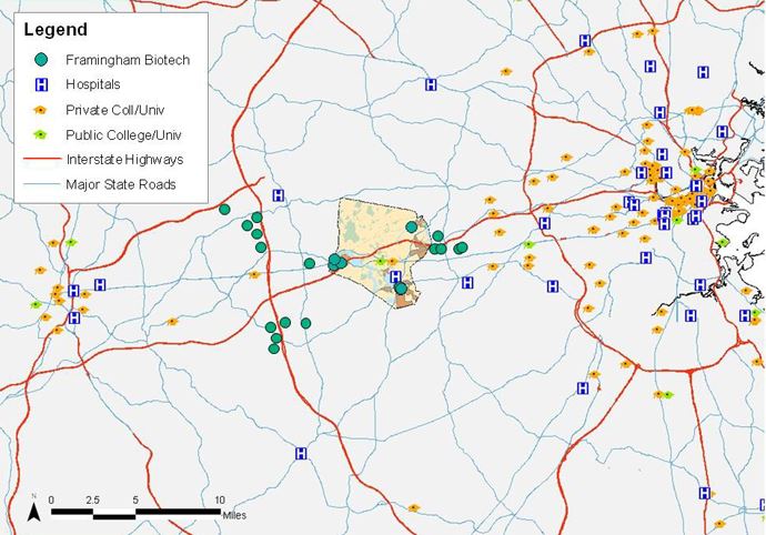 map with white background and blue dots designating biotech companies between boston and worcester