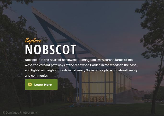 Exterior view of McAuliffe Branch library in Nobscot at sunset.  copyright Damianos Photography